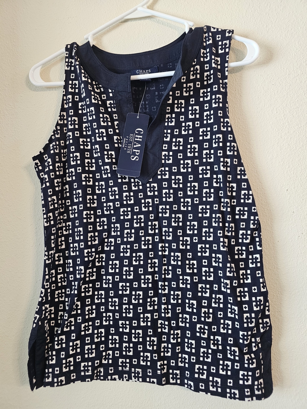 Chaps Navy and White Geometric Tank Top
